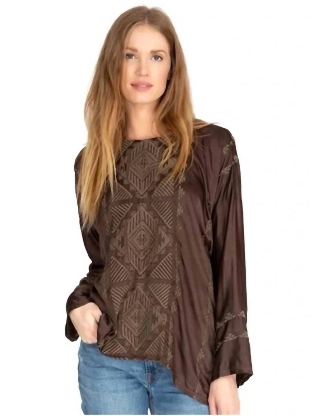 Johnny Was Womens Satin Brown Embroidered Long Sleeve Top Large